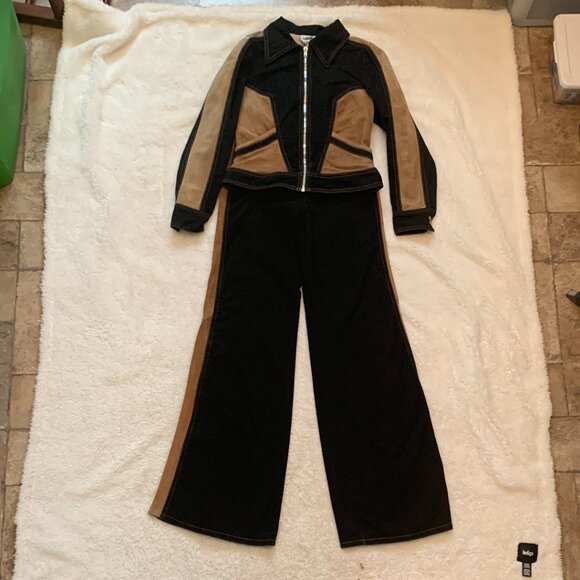 VTG 1970s Roncelli 2-Tone Black Tan Bell Bottom 2 Piece Disco Suit Sz 7/8 XS - Picture 1 of 15